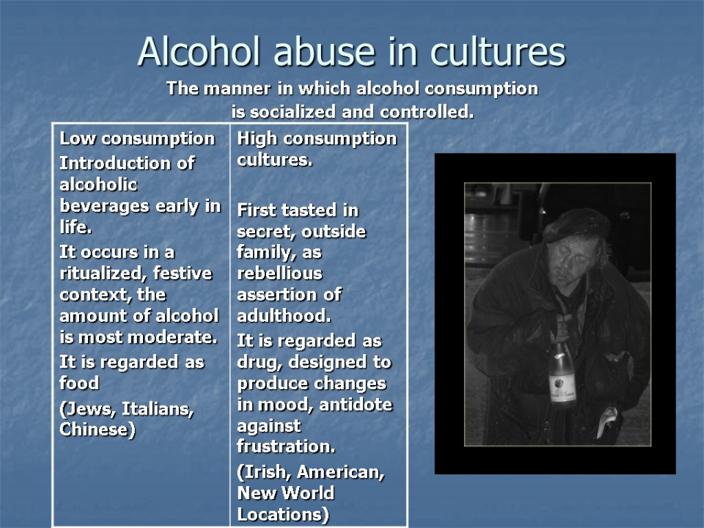 Alcohol abuse in cultures The manner in which alcohol consumption is socialized and controlled.